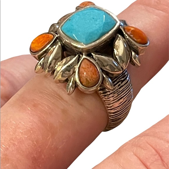 Vintage sterling silver large chunky navajo Turquoise & Spiny Oyster Ring - Picture 13 of 14